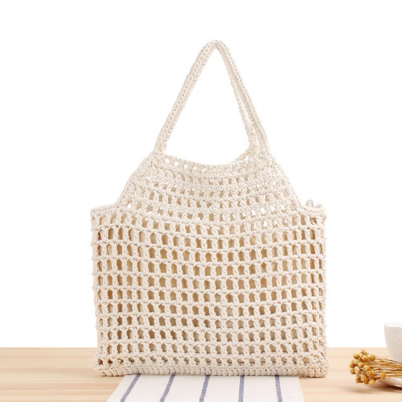 Women Hollow Out Clutches Top-handle Bag Hand-woven Shoulder Bag with Cott Thread Summer Beach Shopper Satchel Female Handbags