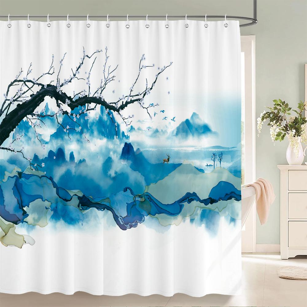 Shower Curtain Chinese Style Flower and Bird Waterproof Bathroom Curtain landscape Partition Curtain Bath Curtains With Hooks