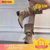 Coarse Heel Retro Boots Women's Belt Buckle Pleated Pile Boots Tall Skinny Western Cowboy Boots