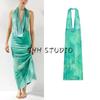 Summer New Product Women's Clothes Vacation Style Ruched Decorative Print Hanging Collar Open Back Long Dress 8023362