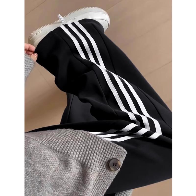 Black sweatpants women's spring and autumn new small straight leggings sweatpants loose lazy striped wide-leg pants