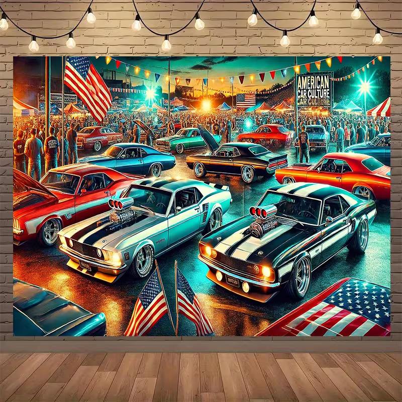 Classic American Car Culture Tapestry Retro Muscle Cars Wall Hanging