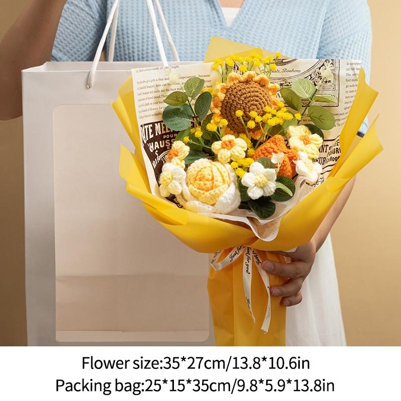 Crochet Flowers Bouquet Knitted Flower Artificial Hand Woven Flower Wedding Gift for Guests Teacher's Day Gift Graduation Flower