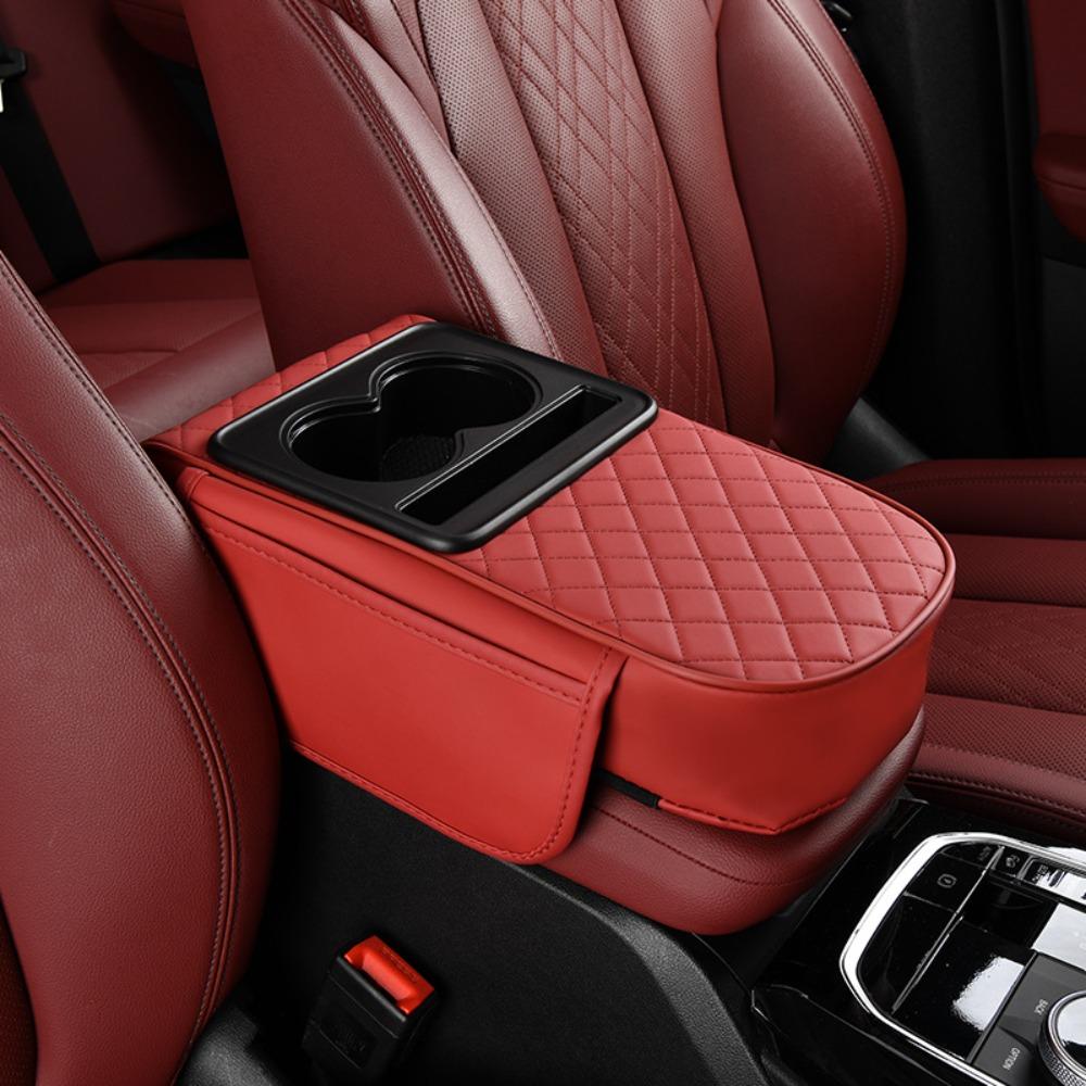 PU Leather Car Armrest Pad with Cup Holder Multifunctional Center Console Armrest Cushion Height Increasing Thickened