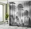 Schwarz-weißer Duschvorhang neblige hohe Bäume Wald natürliche Landschaft Stoff Badezimmerdekoration Duschvorhang mit Haken