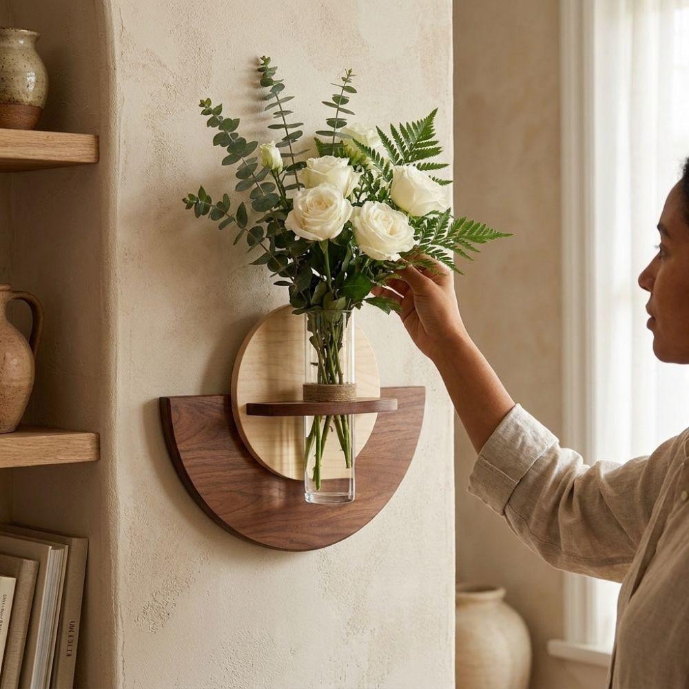 Oval Wood Wall Mount Flower Shelf Hydroponic Display Thick Wall Flower Vase Space Saving Hanging Plant Panel Living Room
