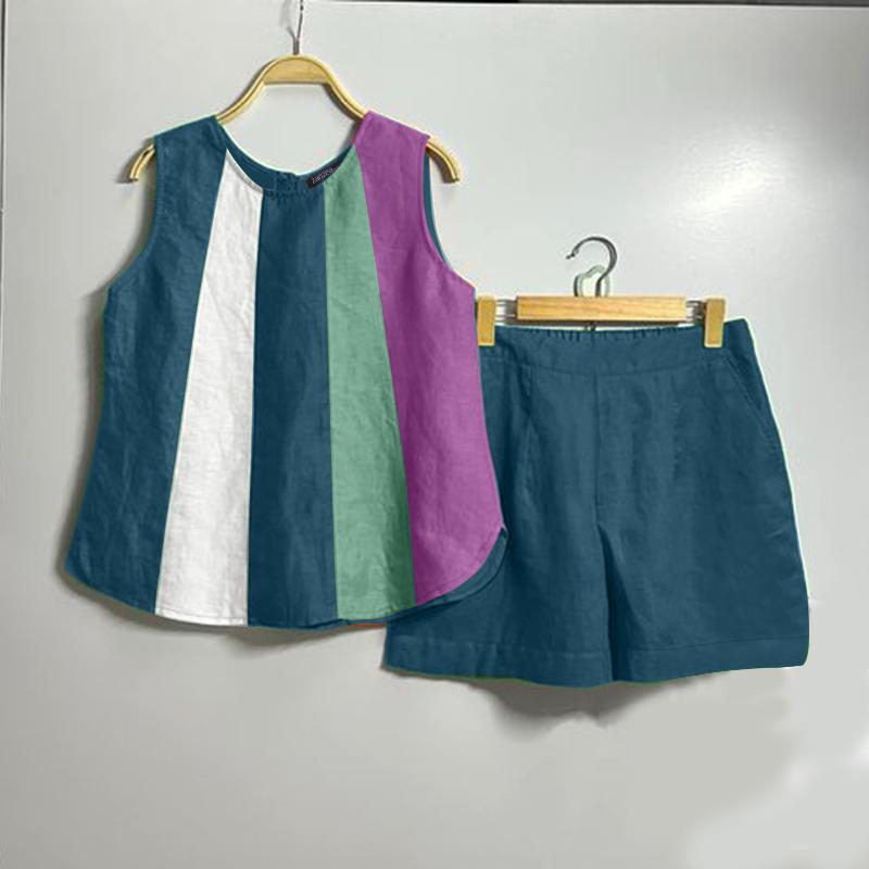 

ZANZEA Женские летние комплекты с круглым вырезом без рукавов и карманами и шортами 3XL темно-синий