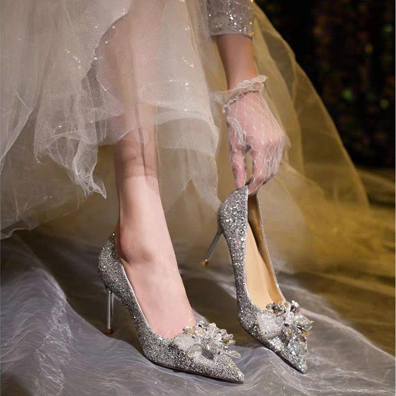 

2025 Свадебные хрустальные туфли на высоком каблуке во французском стиле с бантом и пайетками 37