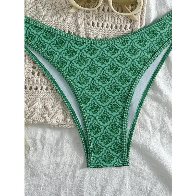 Sexy Bandeau Bikini 2026 Women Green Floral Pleate Push Up Padded Thong Swimsuit Summer Bathing Suit Two Piece Swimwear Biquini