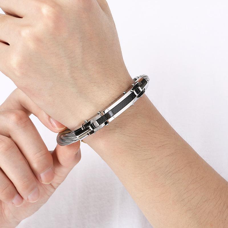 Stainless Steel Cable Wire Bracelet for Men Gold Color Magnetic Clasp Jewelry Trendy Black Accent Wristband Accessory for Gifts
