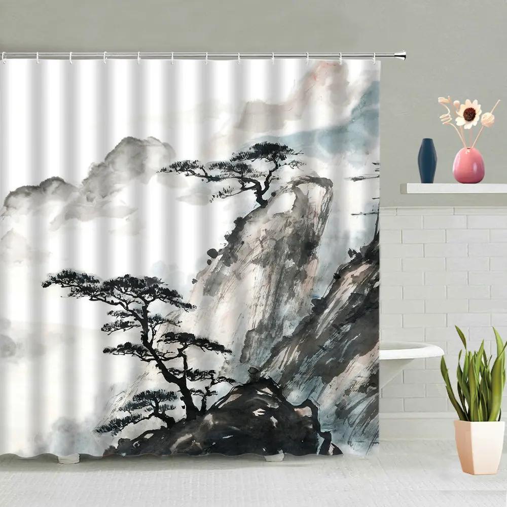 Chinese Style Ink Painting Shower Curtain Landscape Flower Tree Plant Boat Plum Living Room Background Wall Bathroom Screen Hook