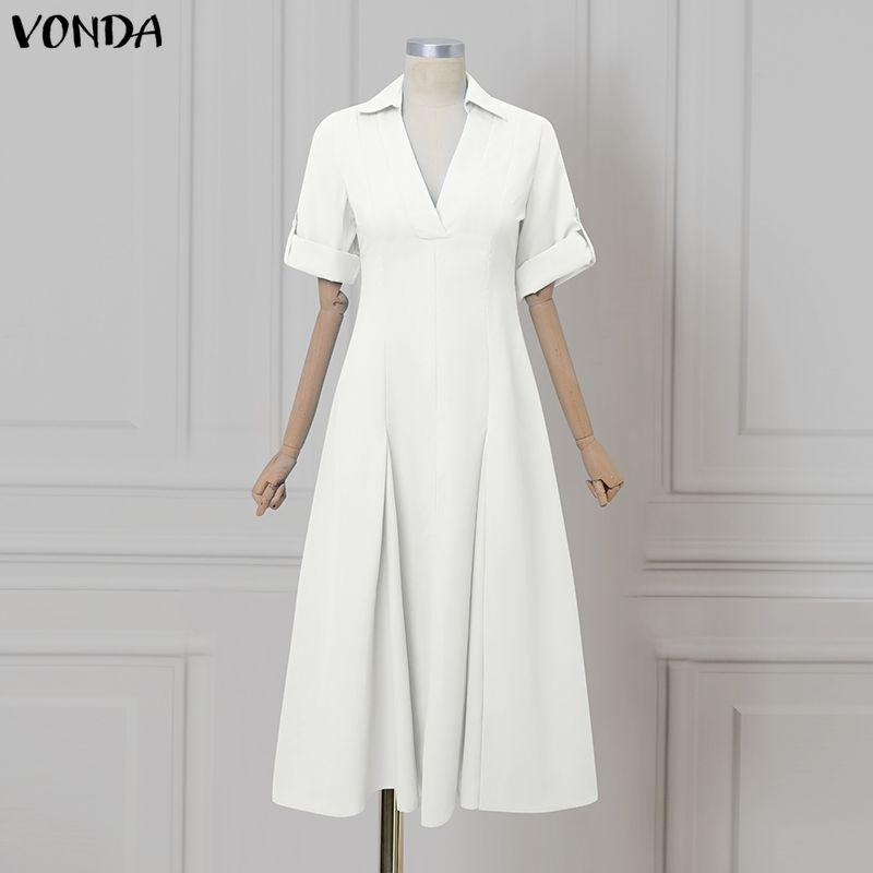 

VONDA Женское повседневное платье с лацканами, V-образным вырезом, длинными рукавами, А-силуэта, плиссированное S белый