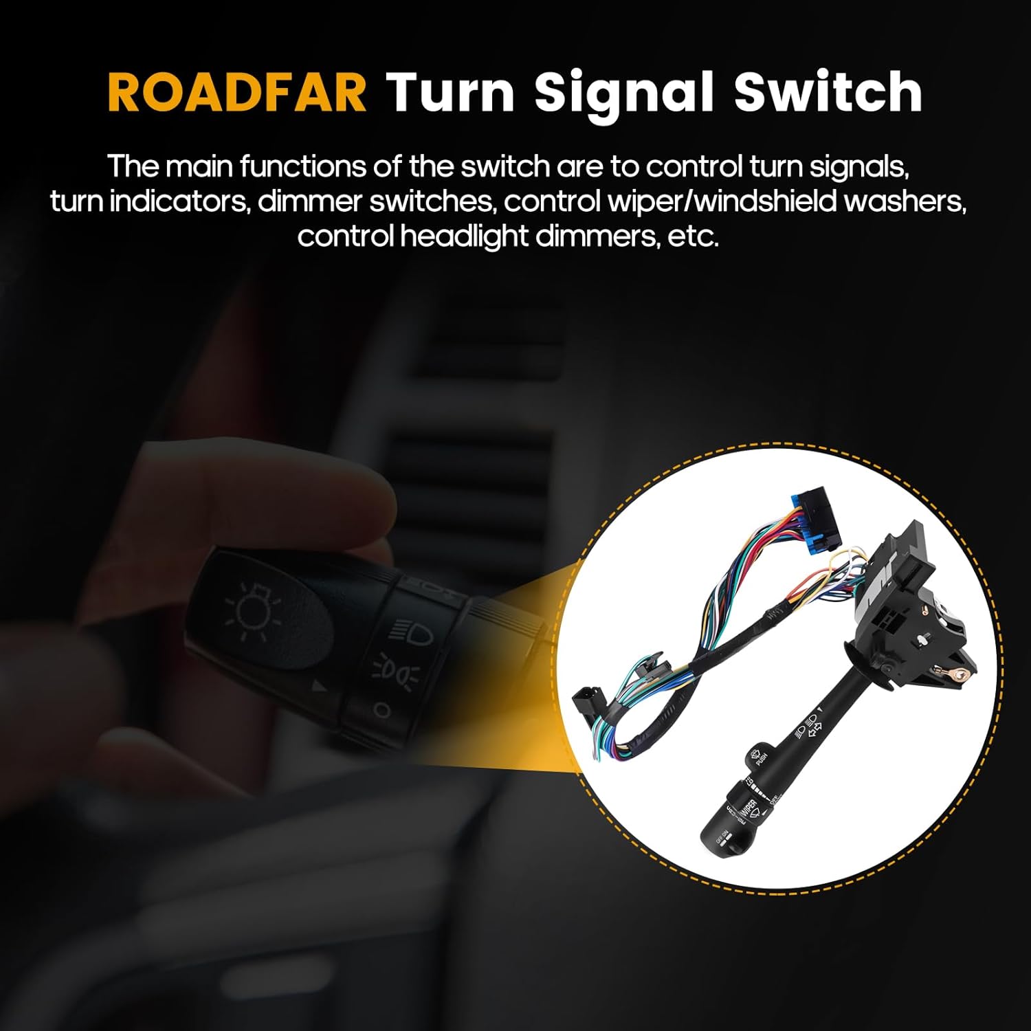 ROADFAR Turn Signal Switch Multi-Function Combination Switch, Push Button, Black, Manual Operation, Fits 2000-2005 Chevy Impala with Cruise Control,