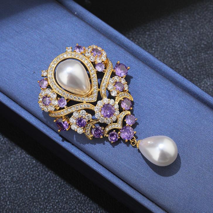 Fashionable Violet Pearl Pendant, Luxurious Rhinestone Inlaid Brooch, Charming Jewelry Accessories for Banquet Dresses, Gifts