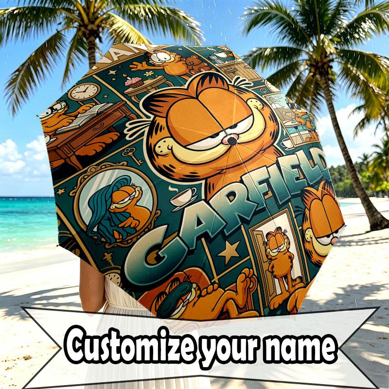 Personalisierter Garfield-Druckschirm mit individuellem Namen, Automatisches Öffnen und Schließen, Stabiler 8-Rippen-Rahmen, Für Pendeln, Camping, Wandern, Geburtstagsgeschenk
