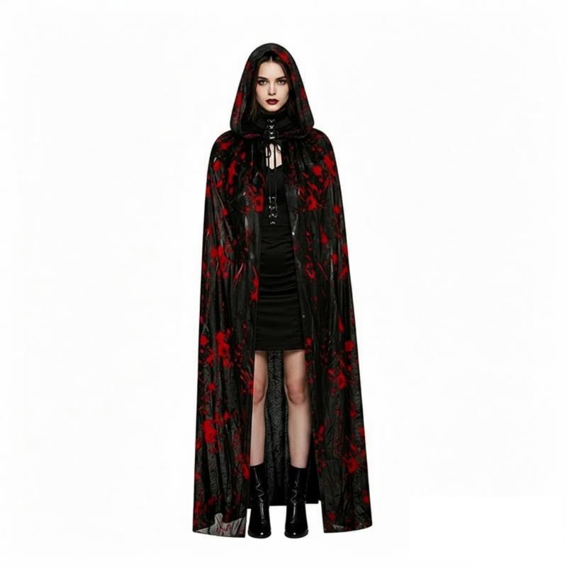 Halloween Blood Splatter Print Hooded Cape Scary Cosplay Black Lace Up Cloak For Adult Horror Themed Vampire Witch Role Play Set