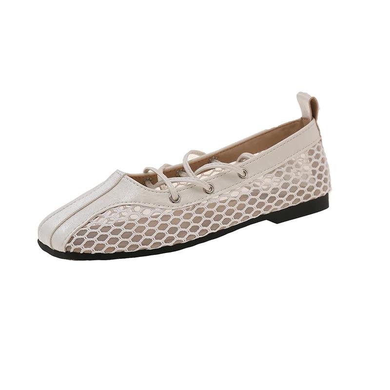 Women's Mary Jane Shoes Square Toe Cross-tied Shallow Mouth Shoes Women Dress Mesh Breathable 2025 Zapatillas De Mujer