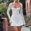 Elegantes, figurbetontes Minikleid für Damen, Spitze, langärmelig, weißes Kleid für Frühling und Sommer, tief ausgeschnittenes Rückenkleid zum Binden, Tunikakleid, Partykleidung