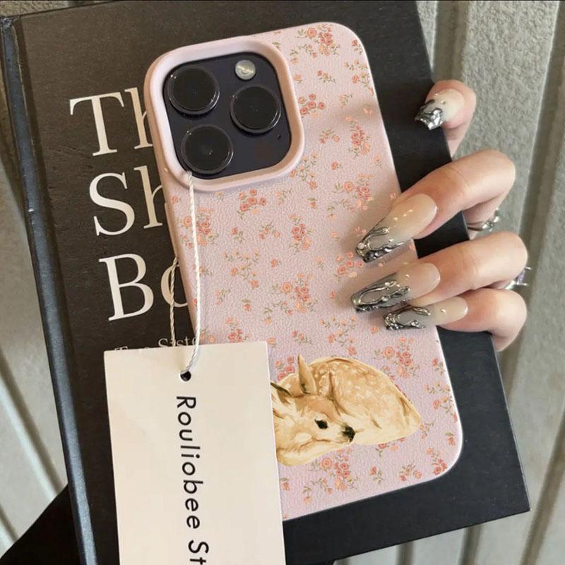Cute Deer and Full Floral Pattern Design Shockproof Phone Case for 11 12 13 14 15 16 17 Pro Max XS XR X 16E 16 Plus 17 Air Cover