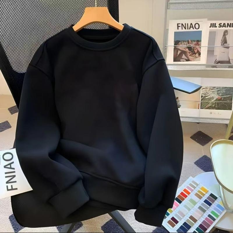 Unisex Plus Velvet Crew Neck Hoodie - Casual Autumn/Winter Loose Fit Long Sleeve Pullover L