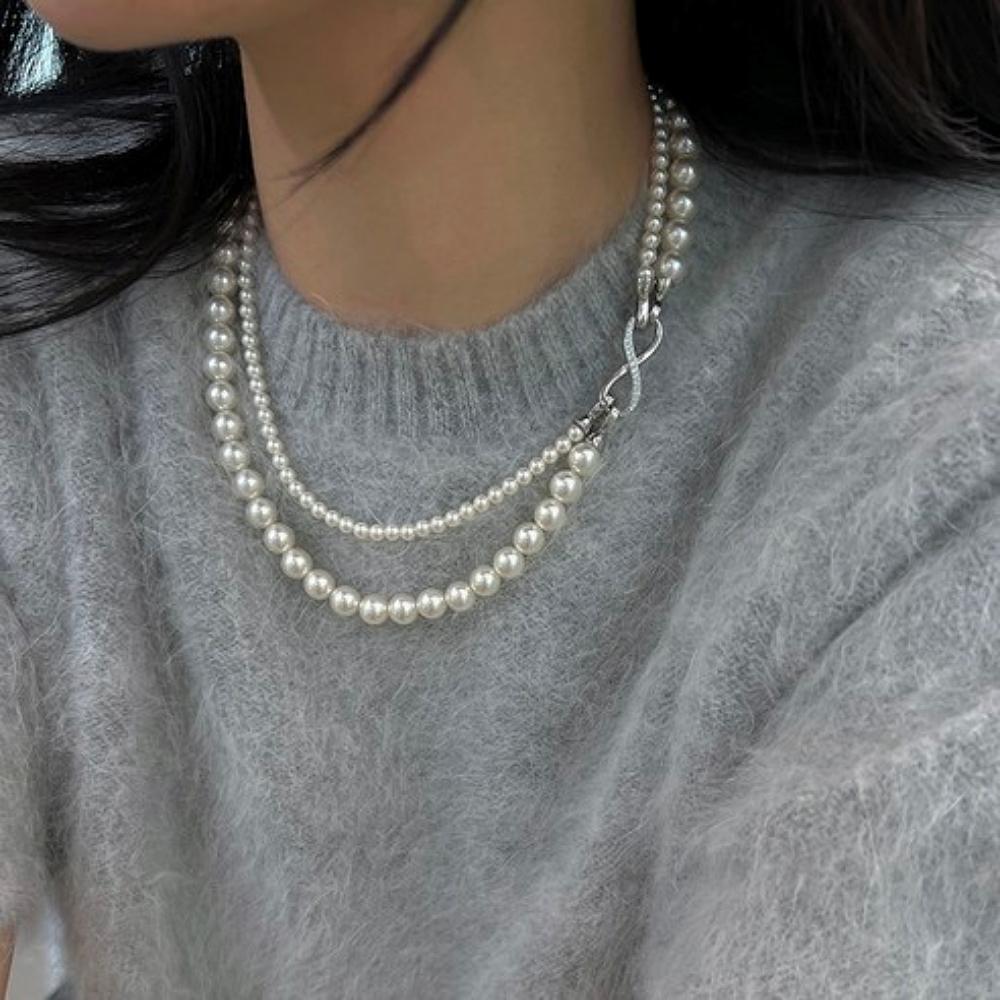 Women’s Pearl Necklace Double Layered 6mm + 10mm Beaded Necklace Set