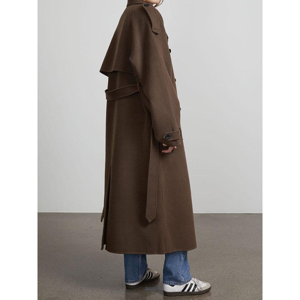 Street Women's Woolen Overcoat with Belt Loose Lapel Double Breasted Full Sleeve Long Coats 2026 Autumn Winter Lady Trench Coat