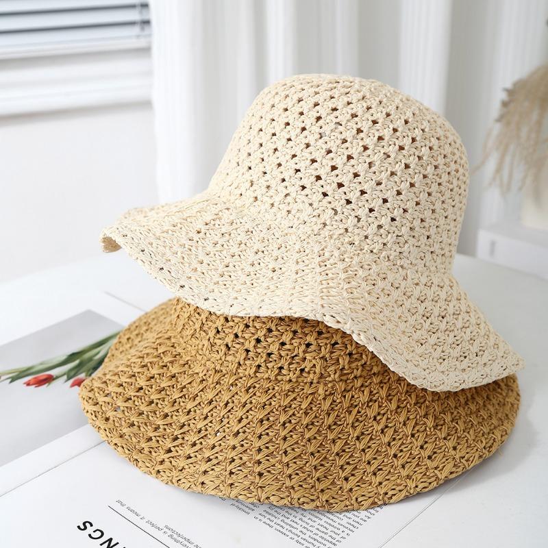 Japanese Simple Solid Color Hollow Bucket Hat Women'S Summer Thin Breathable Sunshade Eaves Foldable Sun Cap Gorras