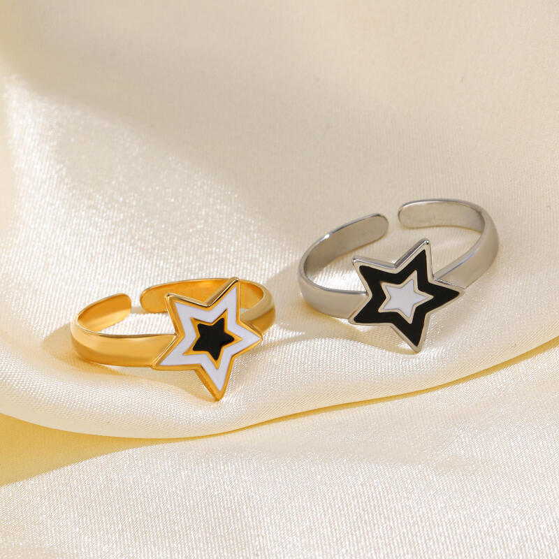 Anelli a Pentagramma in Acciaio Inossidabile Nero Bianco con Gocce d'Olio per Donne Uomini Moda Popolare Anelli Apribili Senza Sbiadire Accessori Gioielli