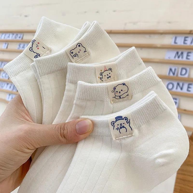 

10pcs/lot Cute White Socks Girls Women Low Cut Cotton Solid Socks Bear Woven Label Summer Spring Breathable Ankle Short Sock One Size