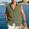European Men's Sleeveless Cotton-Linen Shirt: Summer Beach Vacation, Loose, Breathable, Lapel Vest Style.