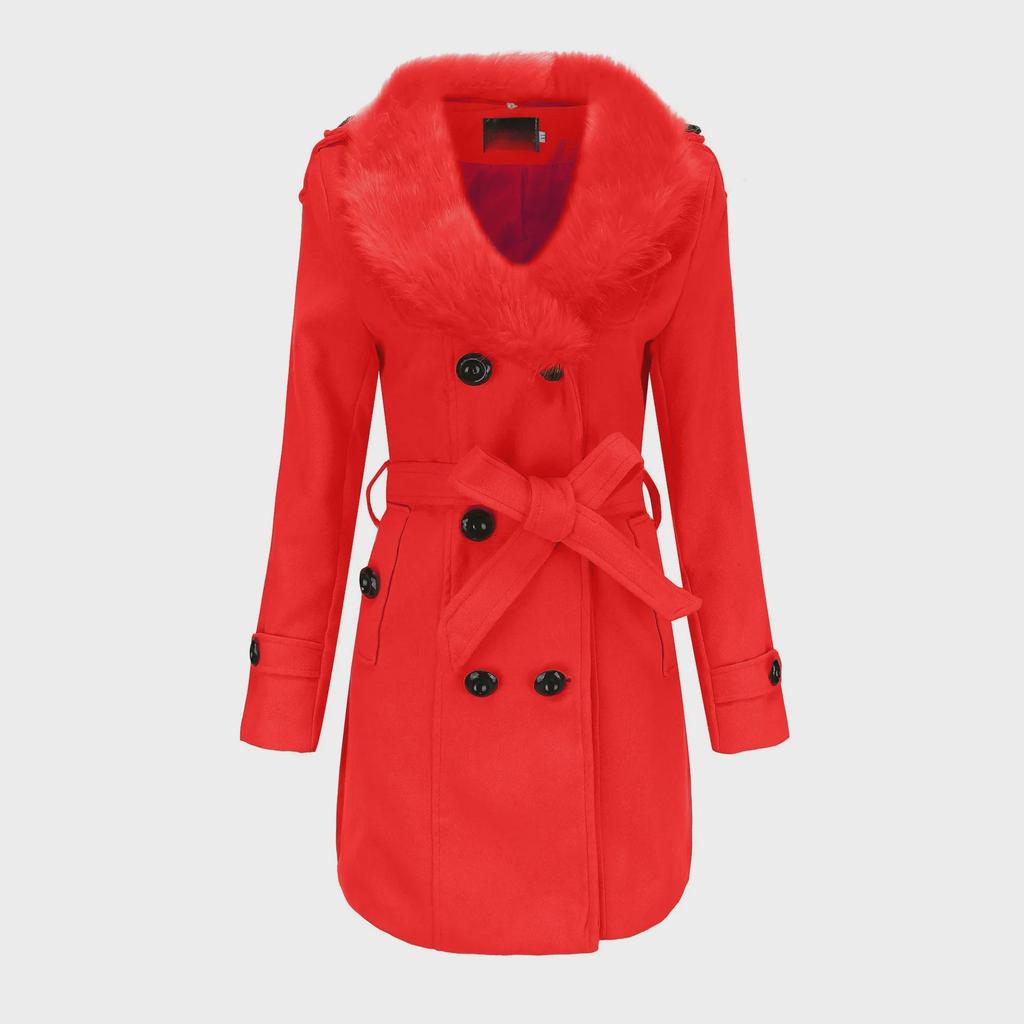 Damen Wollwintermantel mittlerer Länge mit großem Pelzkragen - Europäische Größe