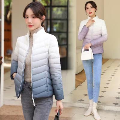 Light Down Jacket Women's Short New Slim and Thin Versatile Gradual Change Color White Duck Down Casual Stand-up Collar Down Jacket