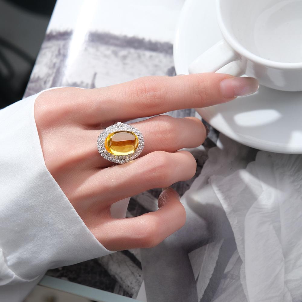 925 Sterling Silver Vintage Yellow Round Zircon Adjustable Ring Wedding Anniversary Party Gift