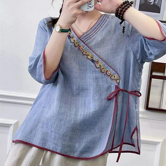 2023 Ethnic Retro Chinese Embroidered Ramie Shirt—Women's Loose Oblique Collar Top for Tea Ceremony