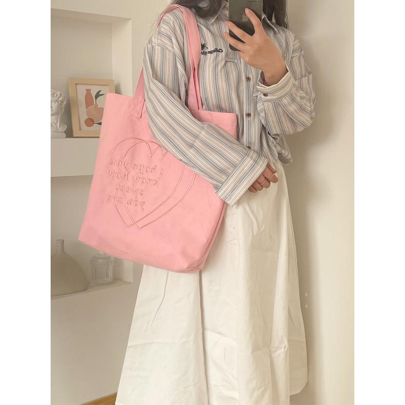 Korean Ins Style Canvas Bag Heart Embroidery Large Capacity Tote Bag For School And Commute Women's Shoulder Bag