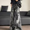 American washed retro tie-dye black jeans men's trendy brand zipper decoration European and American high street loose and thin trousers
