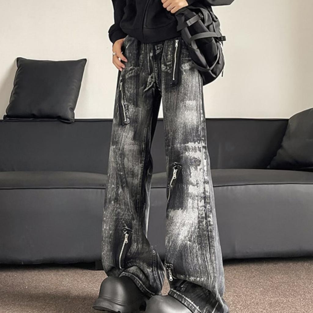 American washed retro tie-dye black jeans men's trendy brand zipper decoration European and American high street loose and thin trousers