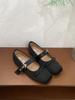 French Retro Satin Square Head Bow Grandma Shoes One-word Buckle with Mary Jane Single Shoes, Sweet Temperament Small Leather Shoes