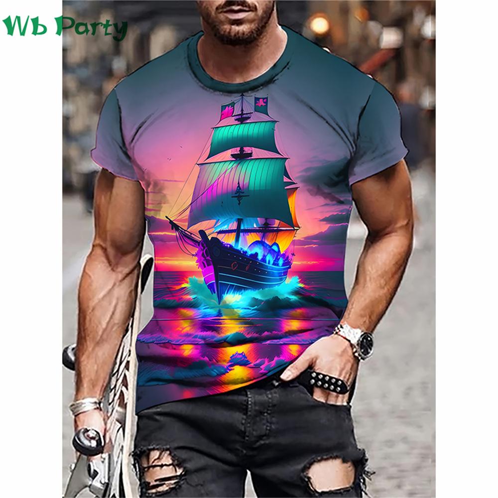 Pirate Ship Pattern Print Mens Clothing T shirt for Men Short Sleeve Tee Gym Clothing Men Male T-shirt Pirate Ship Print Clothes