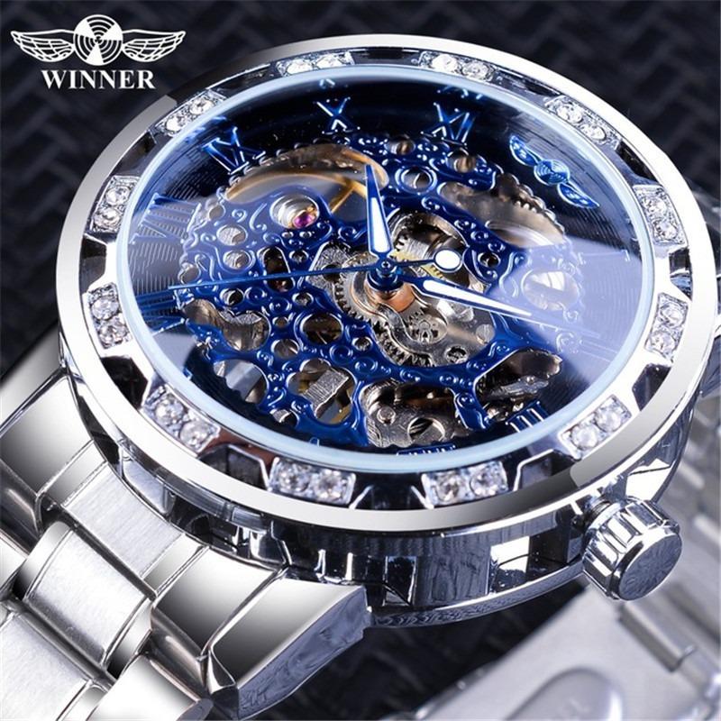 Winner One Winner Herren Mode Lässig Skelett Strass Manuell Mechanische Uhr für Herren Trendig