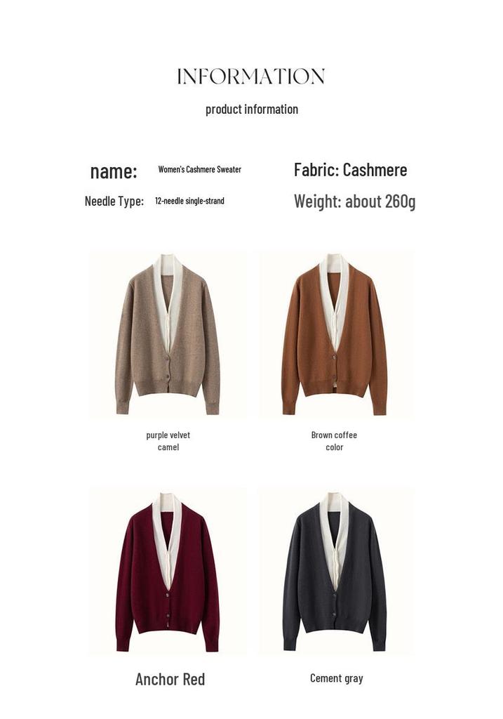 Autumn-Winter Women's V-neck Color Block Cashmere Cardigan - Elegant Two-Piece Knit Sweater