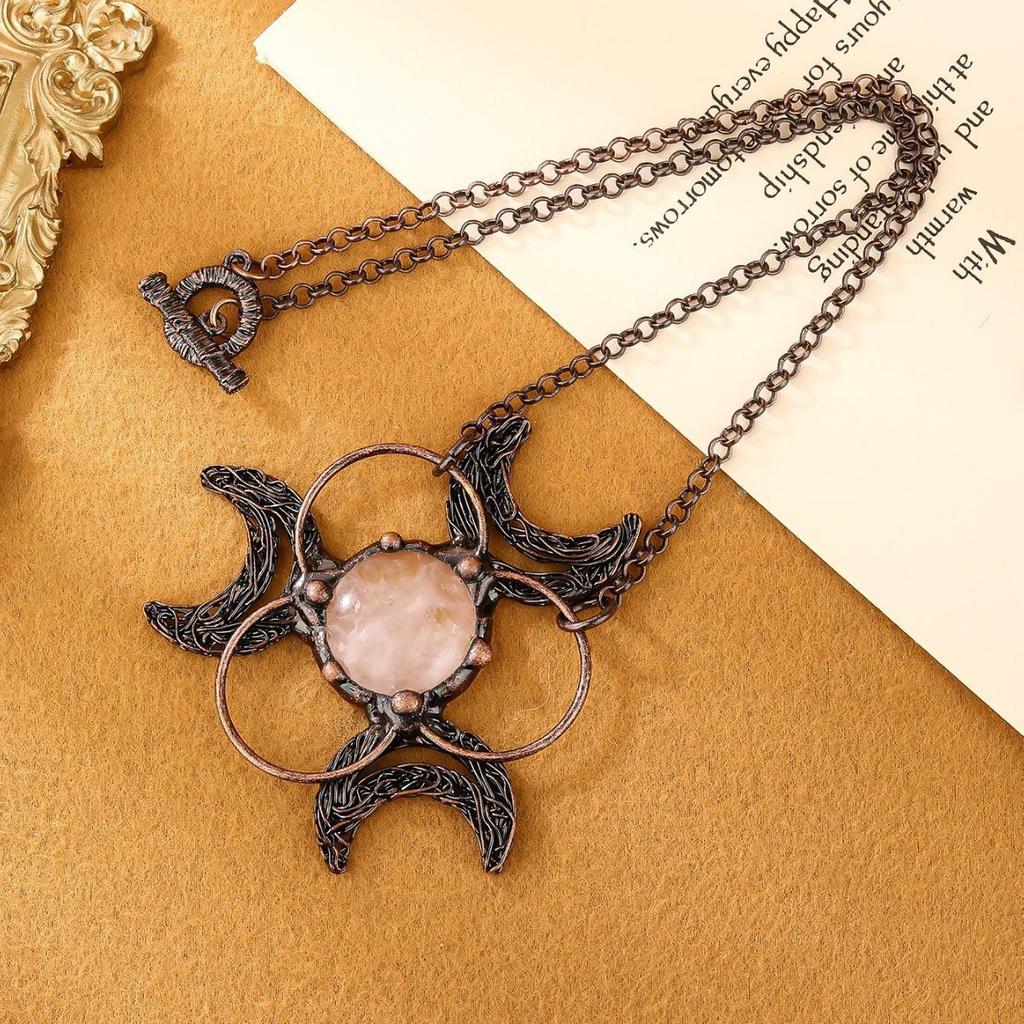 Antique Bronze Plated Natural Crystal Rose Quartz Round Stone Pendants Three Moon Vintage Charms for Jewelry Making Necklaces
