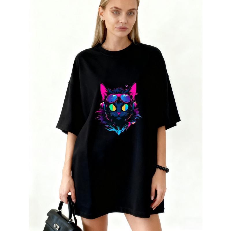 Oversized T Shirt Black Neon Cat With Sunglasses Print Casual Streetwear Fashion For Women