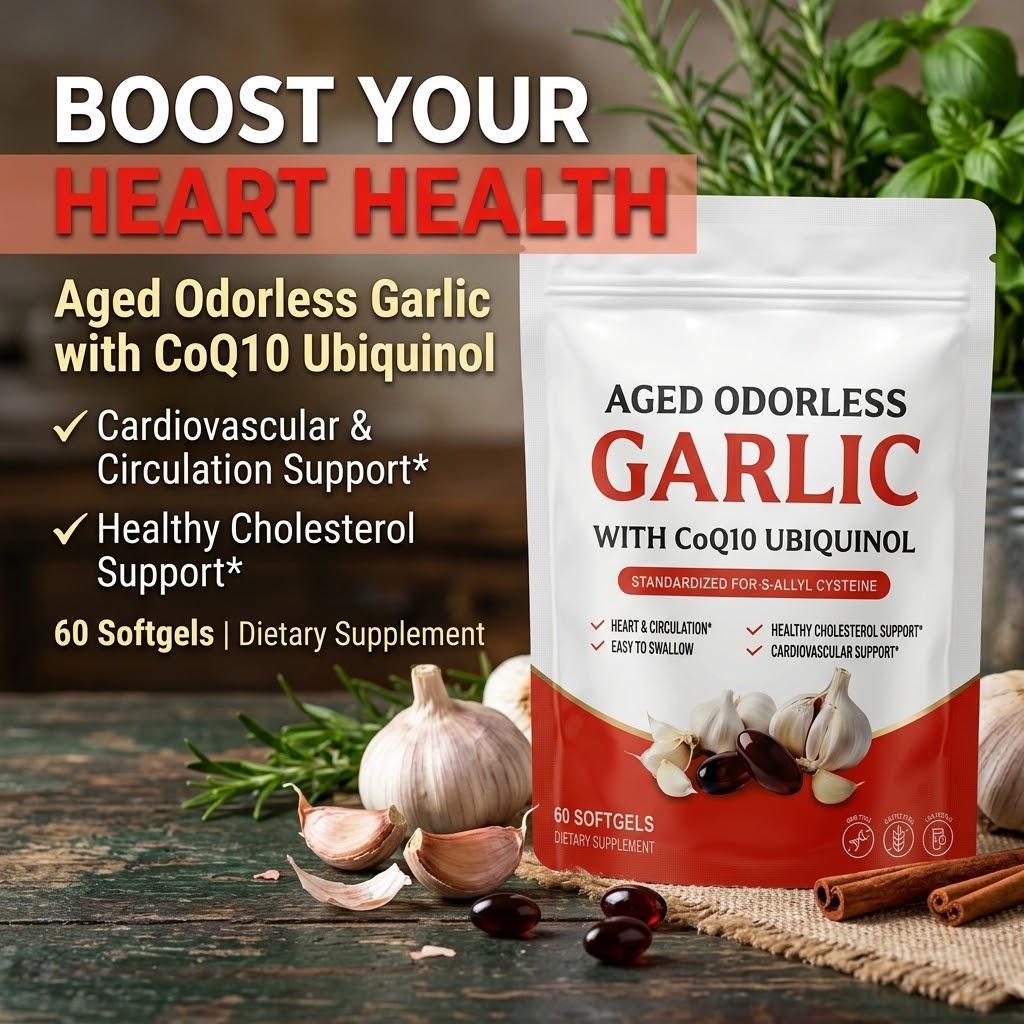 Aged Odorless Garlic 600mg + CoQ10 Ubiquinol 50mg Softgels, 60 Count — Heart & Circulation Support