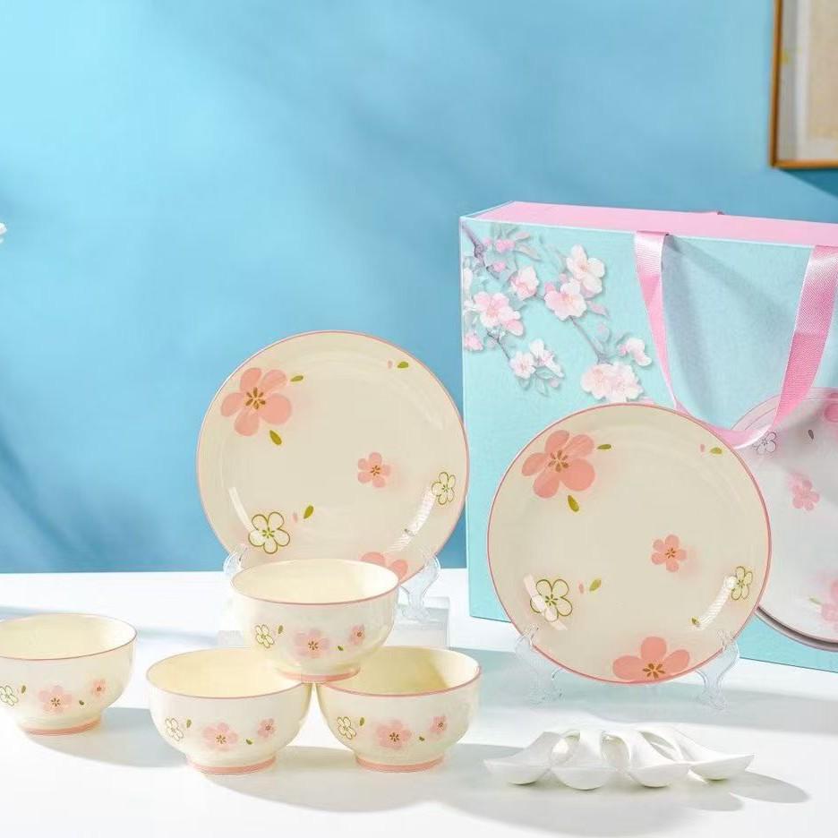 Cherry Blossom Ceramic Tableware: Japanese Bowl & Plate Gift Set