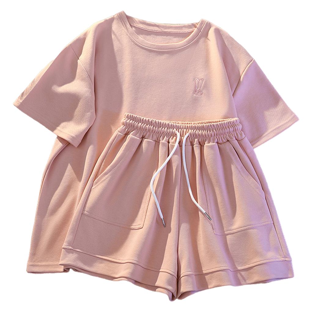 2 Teile/satz Sommer Frauen Trainingsanzug O Neck Brief Drucken Reine Farbe Kurzarm T-shirt Kordelzug Elastische Taille Shorts Für Sport