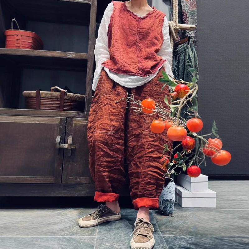 Johnature Women Harem Pants Solid Color Elastic Waist Pockets Patchwork Trousers Summer Loose Ankle Length Pants