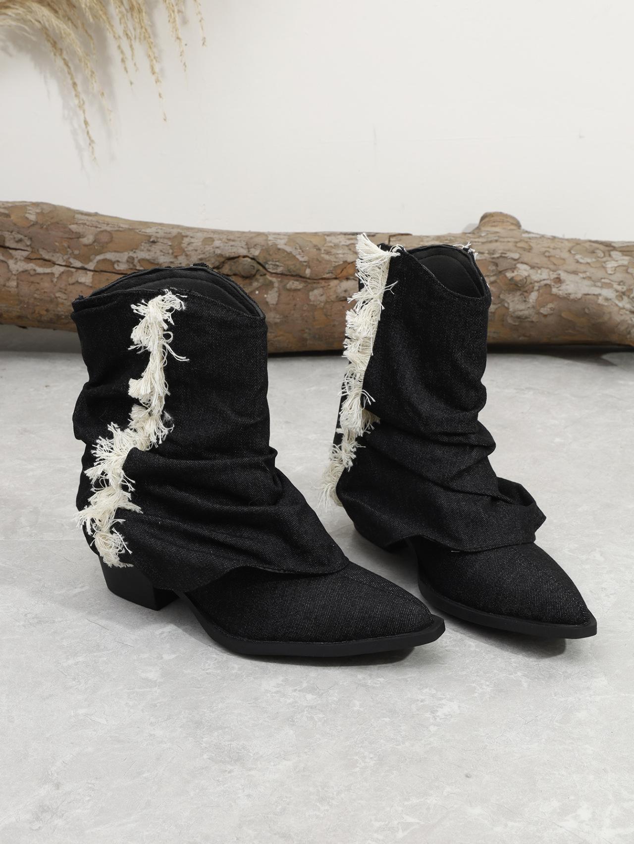 

Ковбойские сапоги в стиле вестерн светло-голубые на высоком каблуке, винтажные остроносые брюки, ботинки-трубы, ботинки на толстом каблуке, короткие ботинки с бахромой на рукавах, женские 35