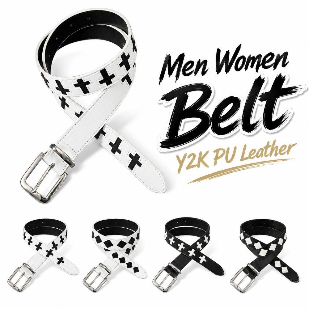 Black White Punk Women Men Belt PU Leather Y2K Retro Pin Buckle Belt Hip Hop Cross Pattern Streetwear Waist Belt For Jeans