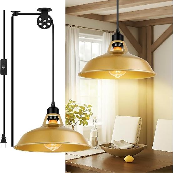 Plug in Pendant Light, Hanging Lamp with Black Barn Pendant Lighting with 14.76ft Cord On/Off Switch, Adjustable Pulley Hanging Pendant Lighting for 1 Pack